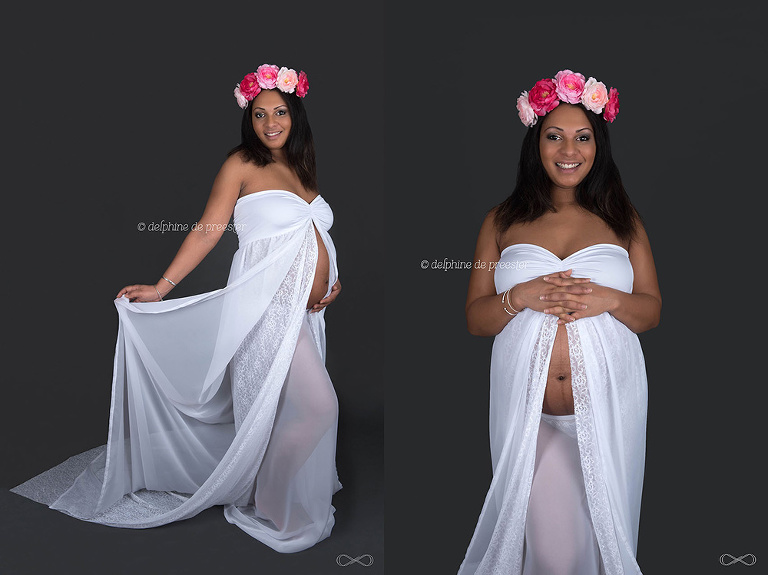 photos de grossesse avec robe et couronne de fleurs en studio