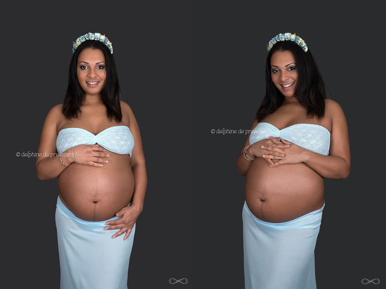 photos de grossesse avec couronne de fleurs en studio